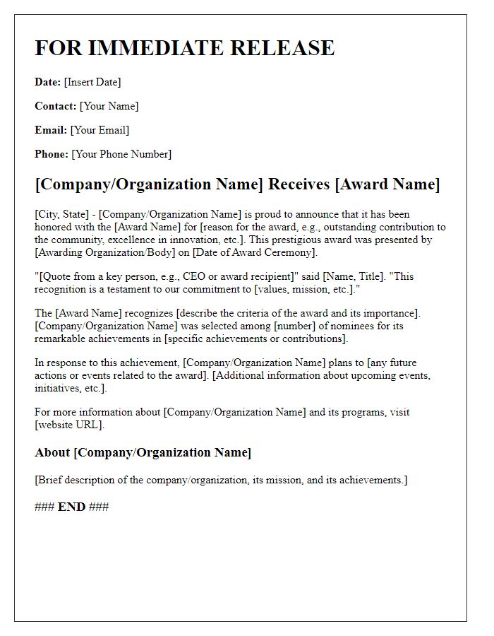 Letter template of press release for award recognition