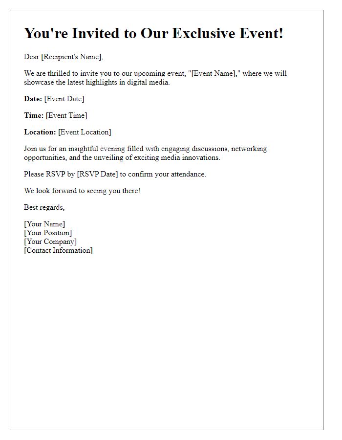 Letter template of digital media invitation for event highlights