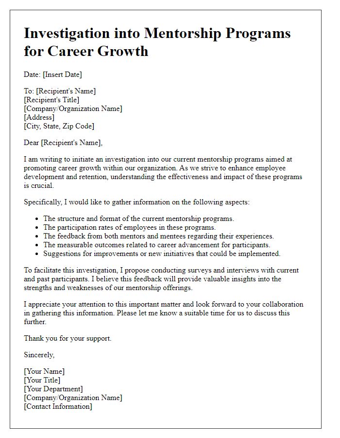 Letter template of investigation into mentorship programs for career growth