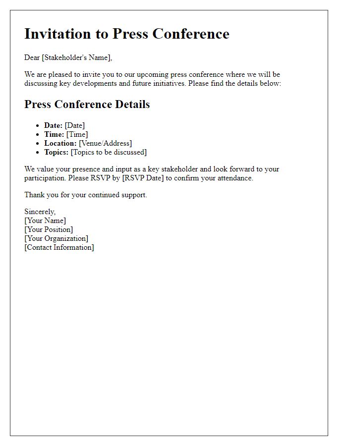 Letter template of press conference details for stakeholders