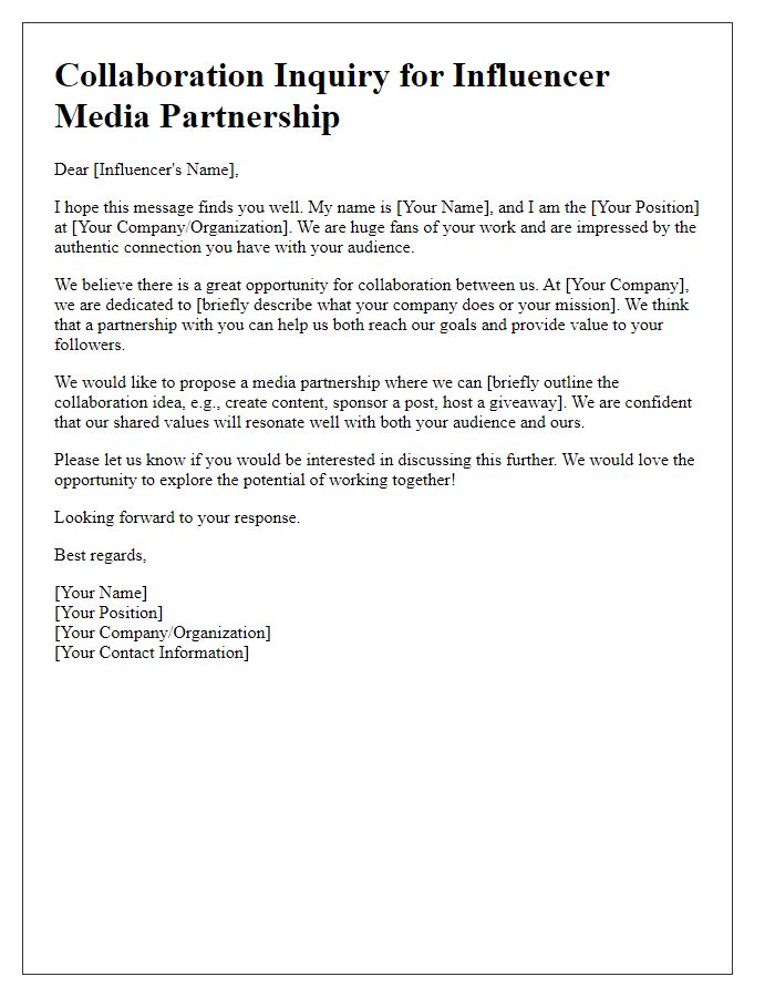 Letter template of collaboration inquiry for influencer media partnership