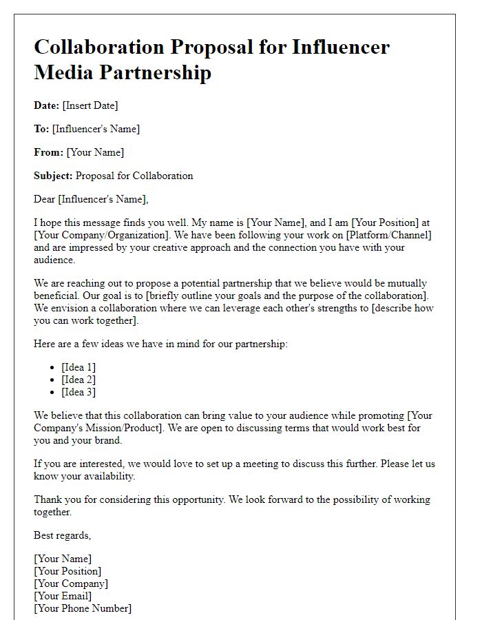 Letter template of collaboration proposal for influencer media partnership