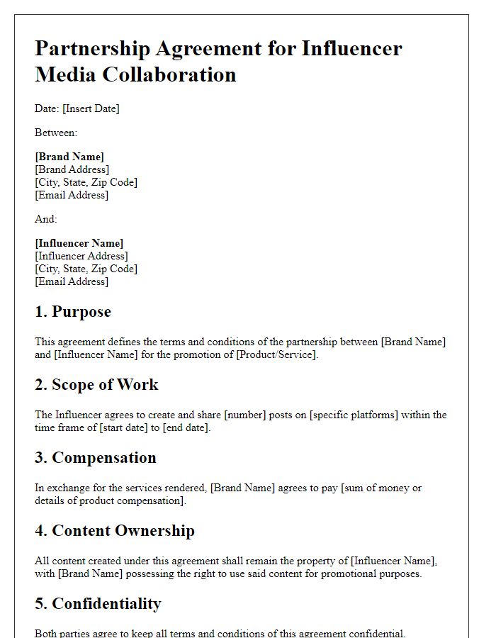 Letter template of partnership agreement for influencer media collaboration