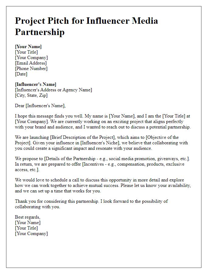 Letter template of project pitch for influencer media partnership