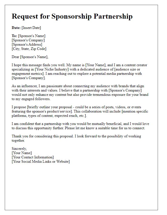 Letter template of sponsorship request for influencer media partnership