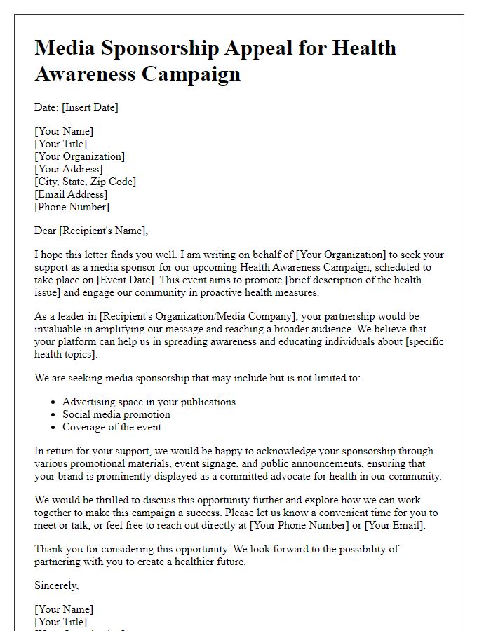 Letter template of media sponsorship appeal for health awareness campaign