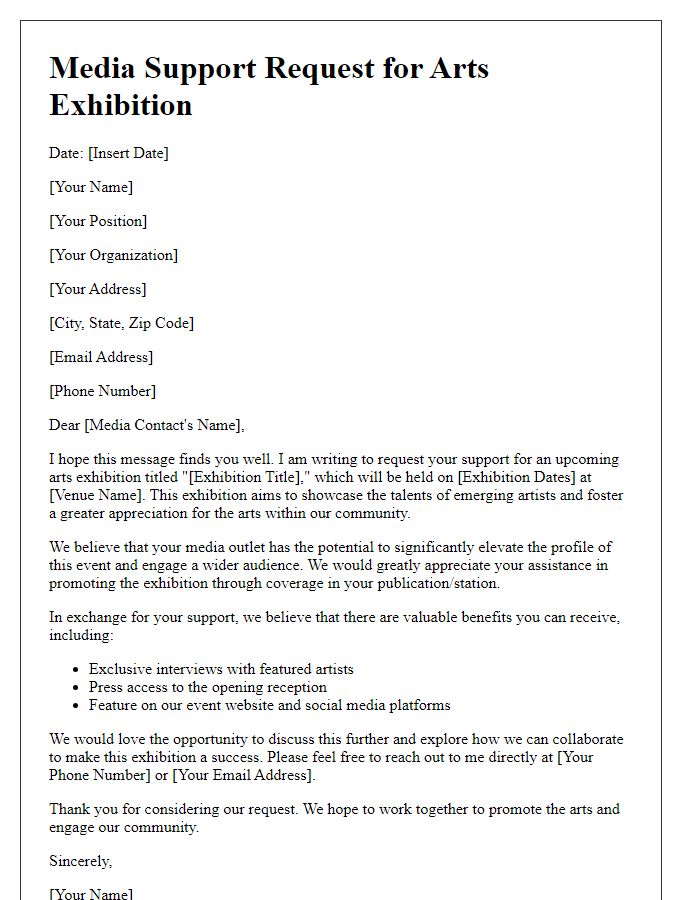 Letter template of media support request for arts exhibition