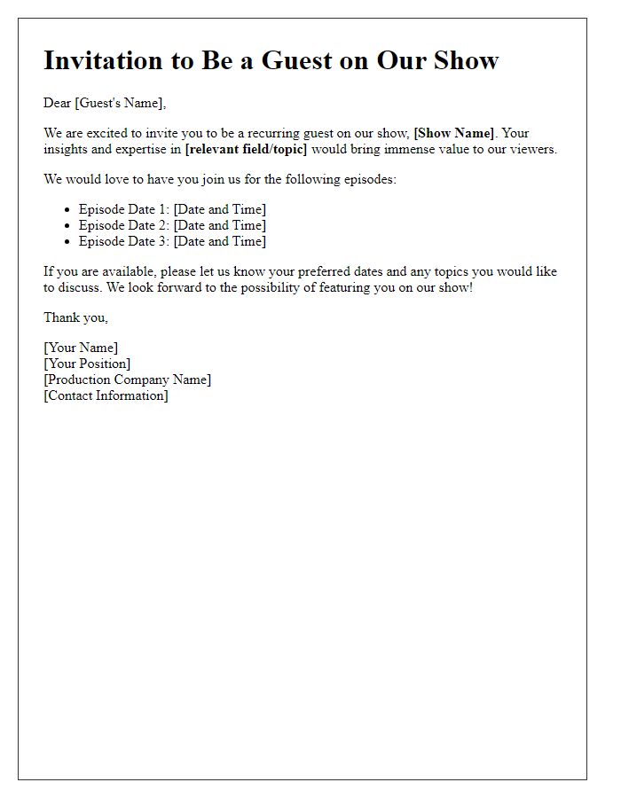 Letter template of recurring TV show guest invitation