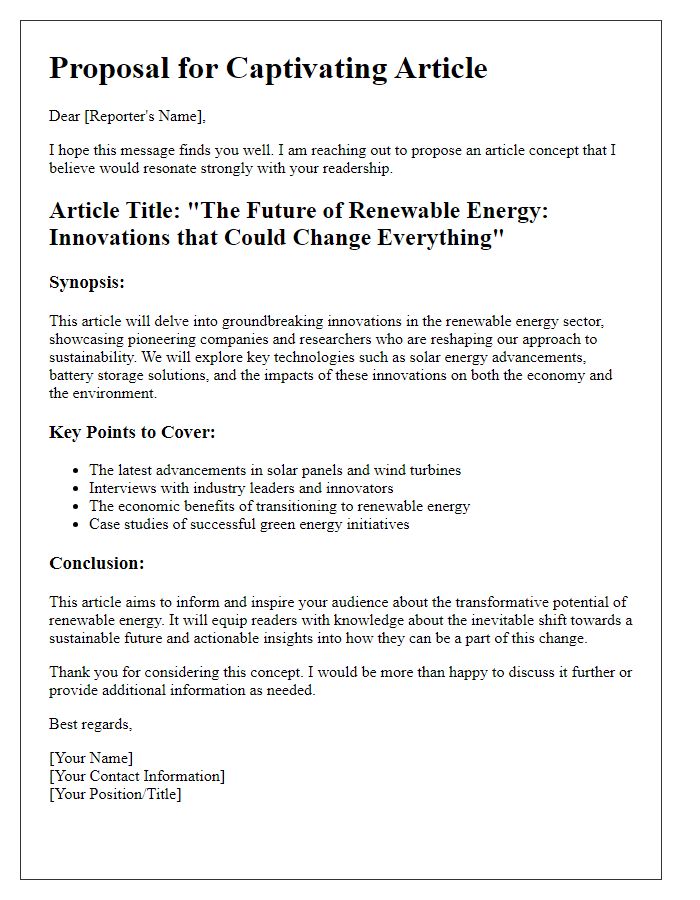 Letter template of a captivating article concept for reporters.
