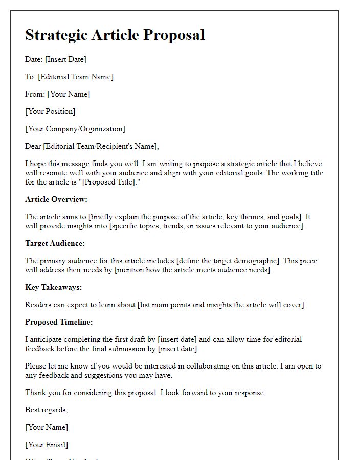 Letter template of a strategic article proposal for editorial teams.