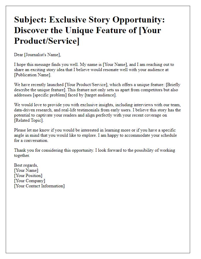 Letter template of a unique feature pitch for journalists.