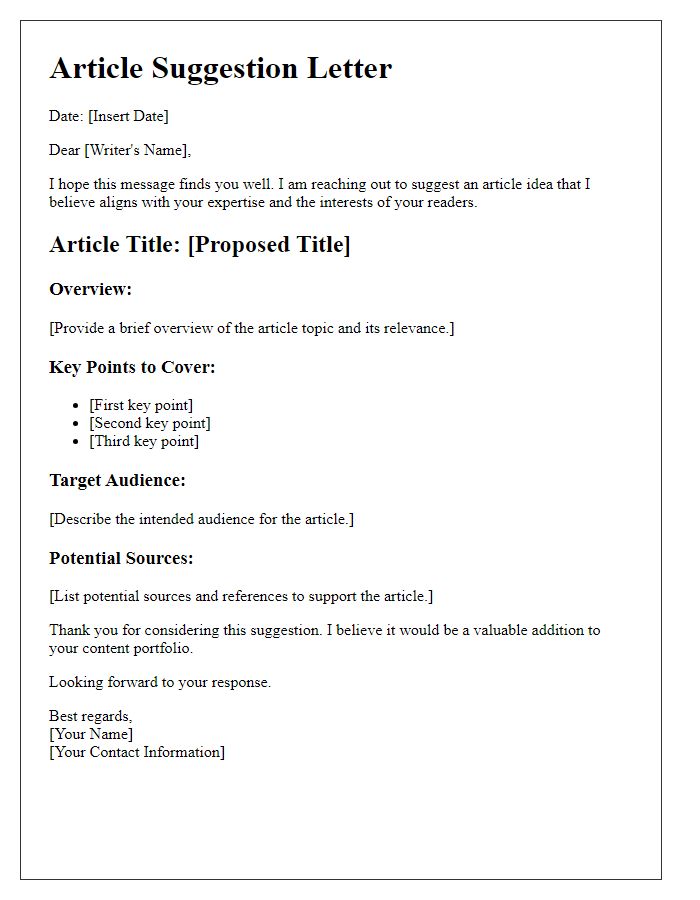 Letter template of a well-structured article suggestion for writers.