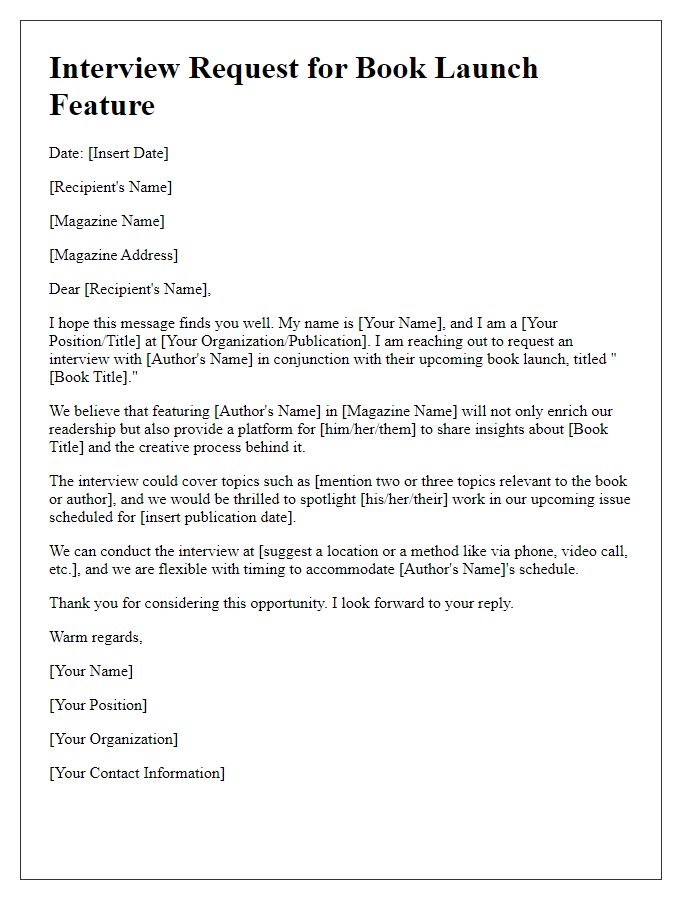 Letter template of magazine interview request for a book launch feature