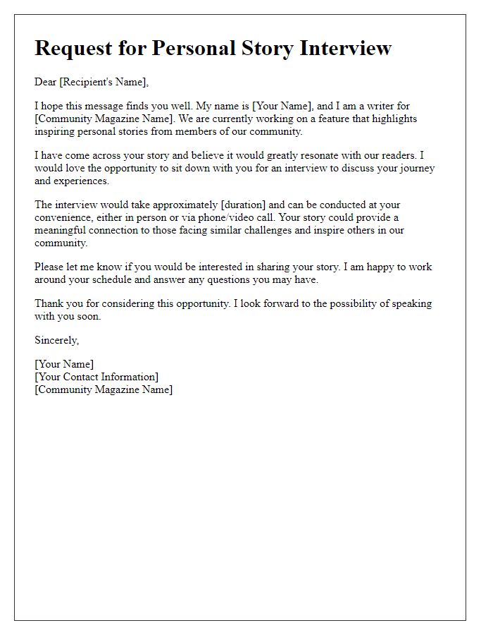 Letter template of request for a personal story interview in a community magazine