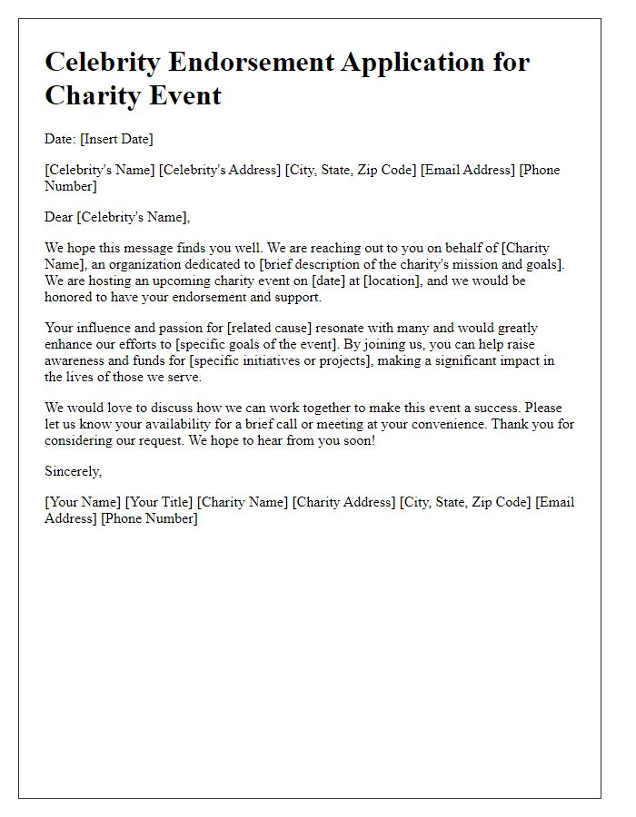 Letter template of celebrity endorsement application for a charity event.