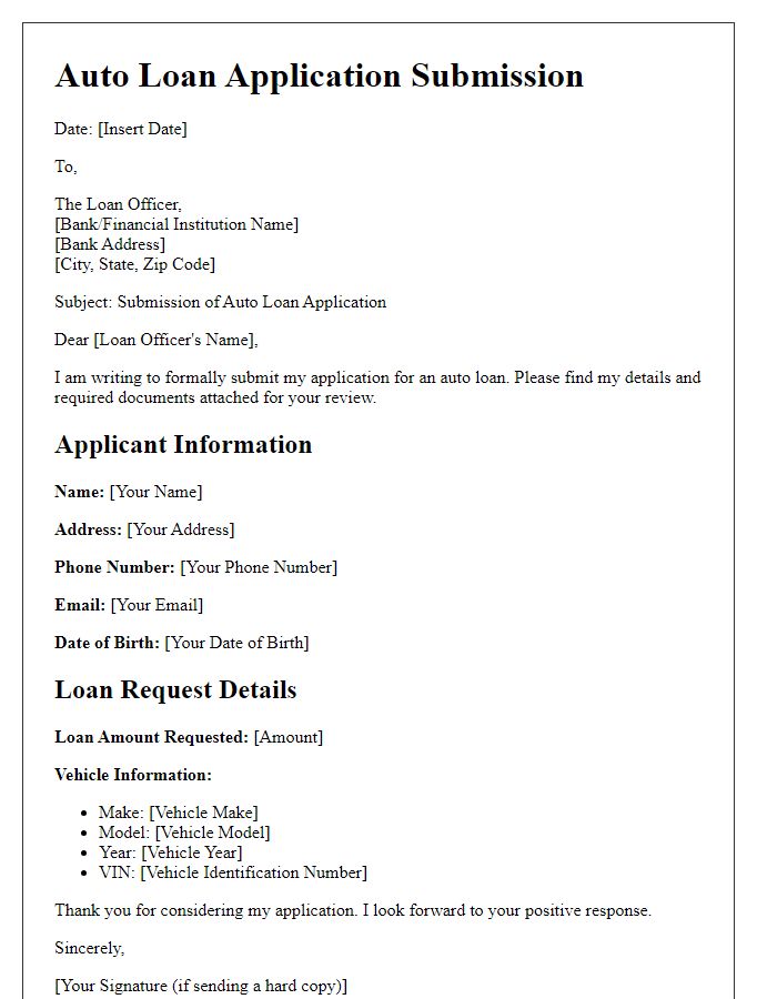 Letter template of auto loan application submission