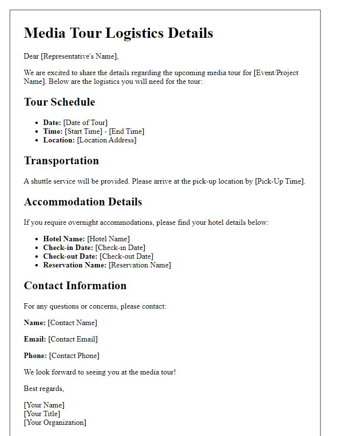 Letter template of media tour logistics details for representatives