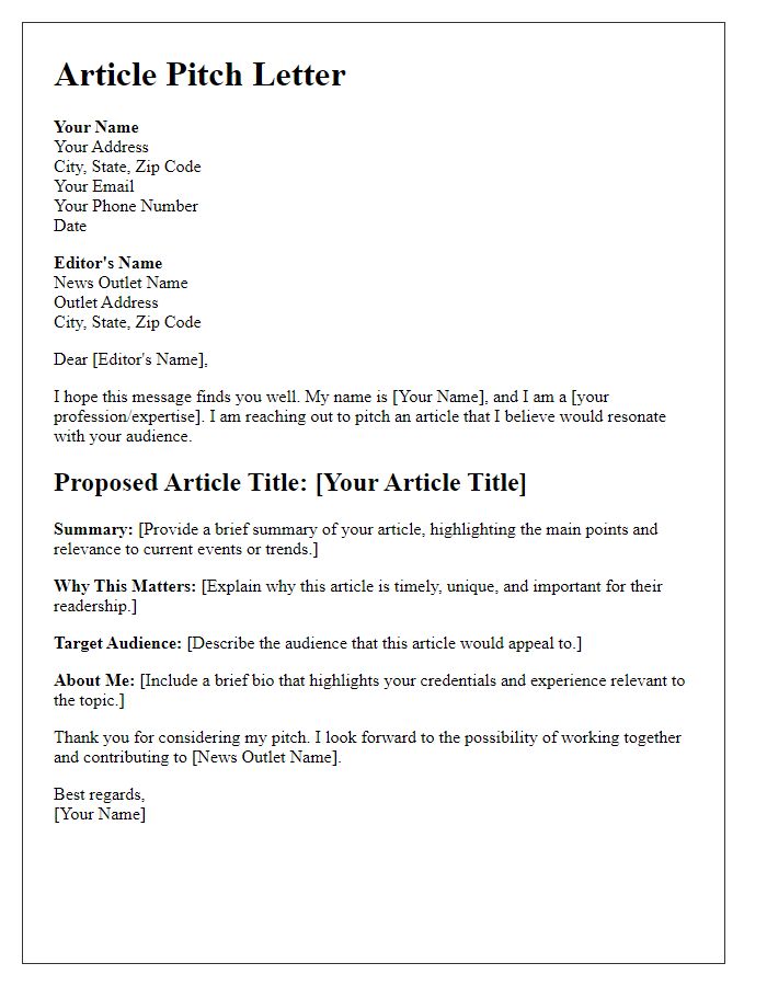 Letter template of article pitch for news outlet