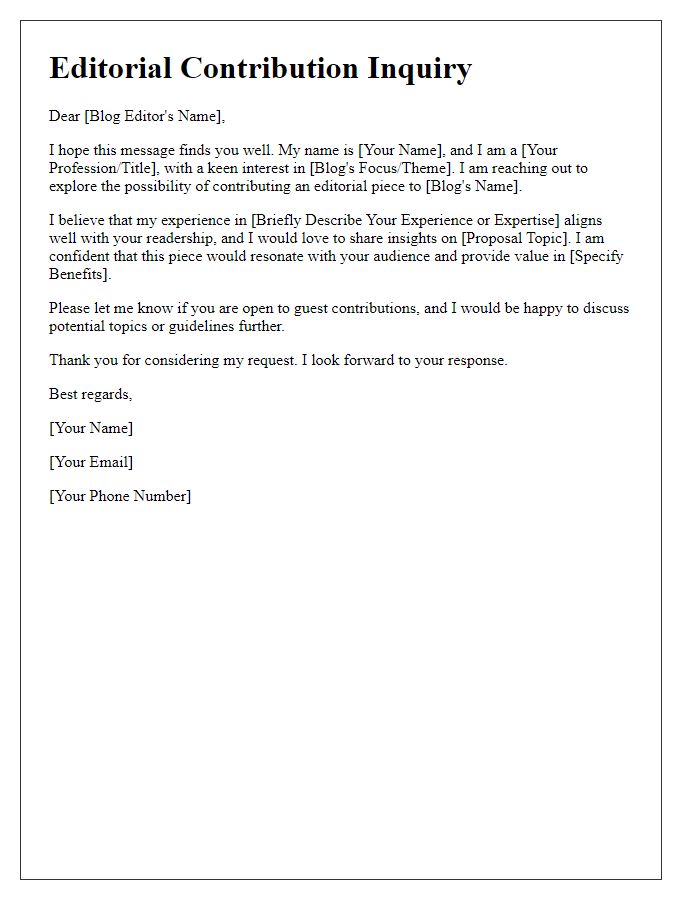 Letter template of editorial contribution inquiry for a blog.