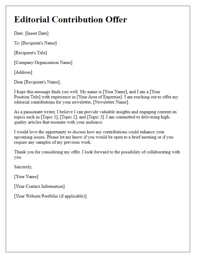 Letter template of editorial contribution offer for a newsletter.