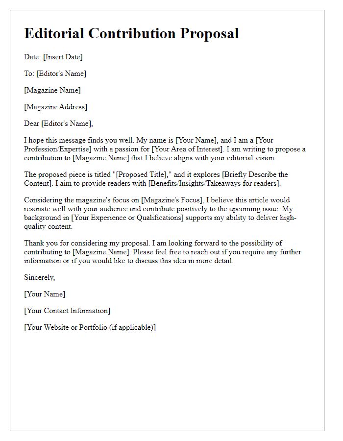 Letter template of editorial contribution proposal for a magazine.