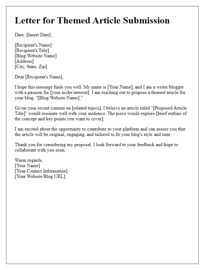 Letter template of blog feature concept for themed article submission.