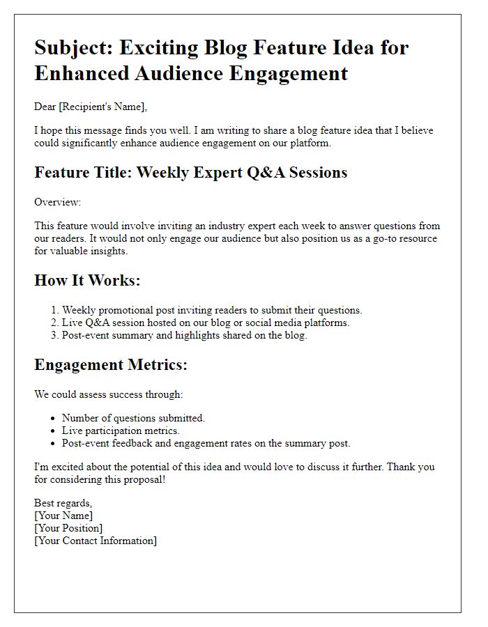 Letter template of blog feature idea for audience engagement.