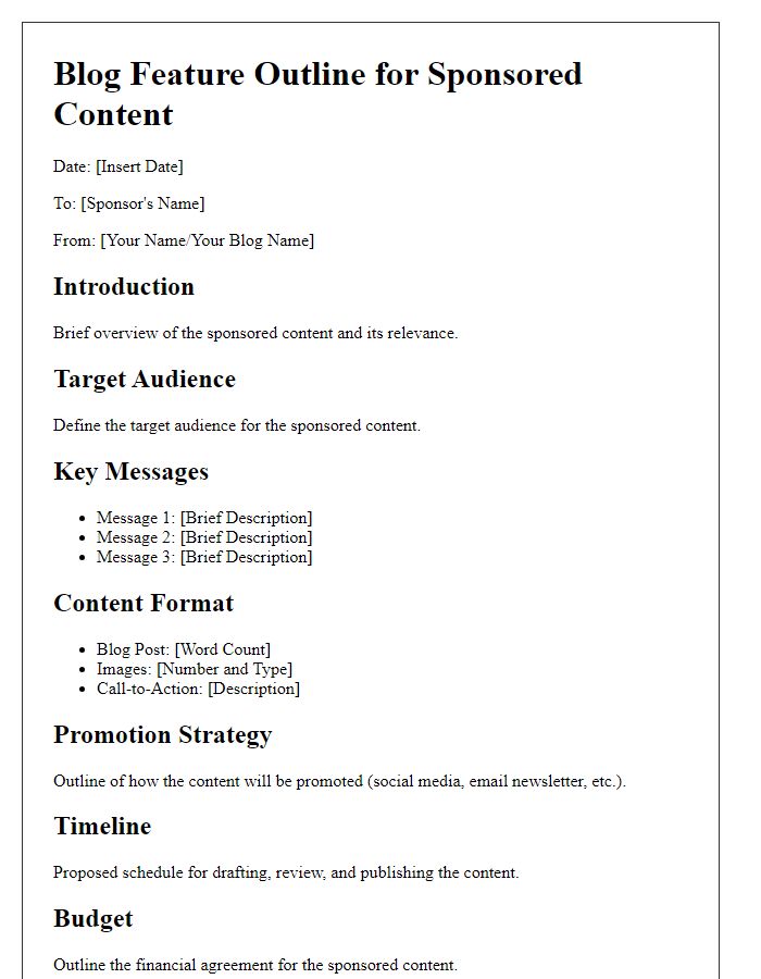 Letter template of blog feature outline for sponsored content.