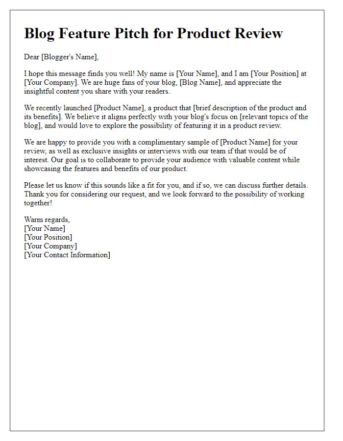 Letter template of blog feature pitch for product review.