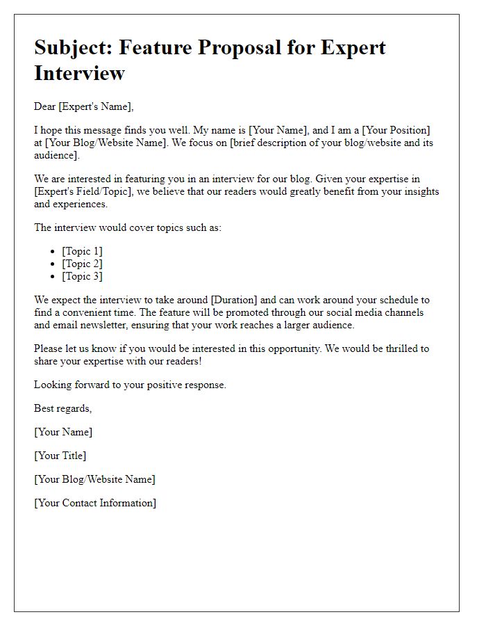 Letter template of blog feature proposal for expert interview.