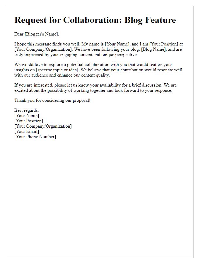 Letter template of blog feature request for collaboration.