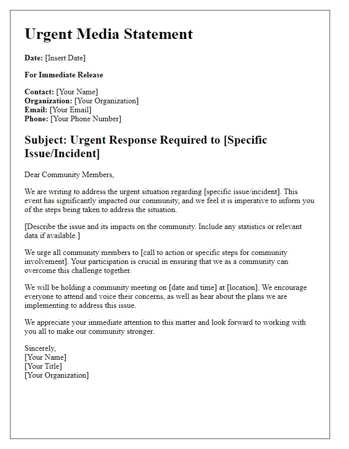 Letter template of urgent media statement for community impact