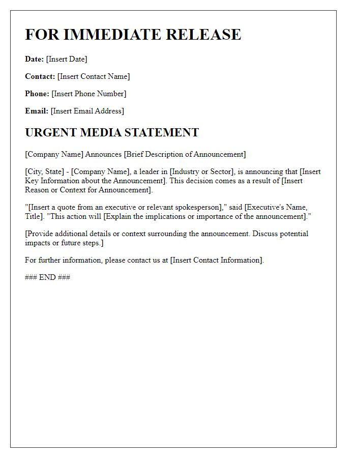 Letter template of urgent media statement for corporate announcement