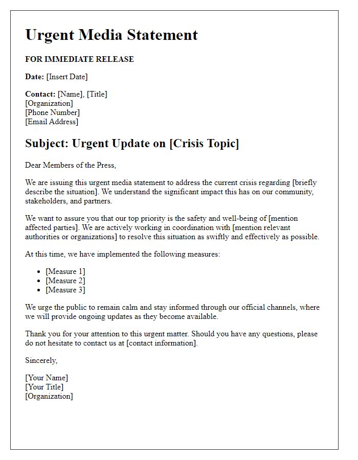 Letter template of urgent media statement for crisis communication