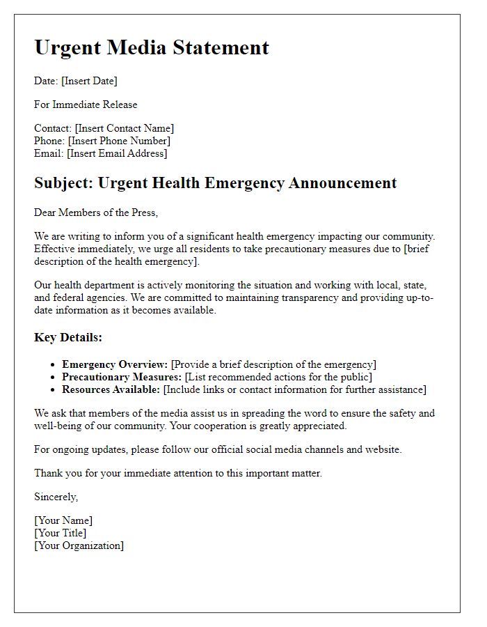 Letter template of urgent media statement for health emergency