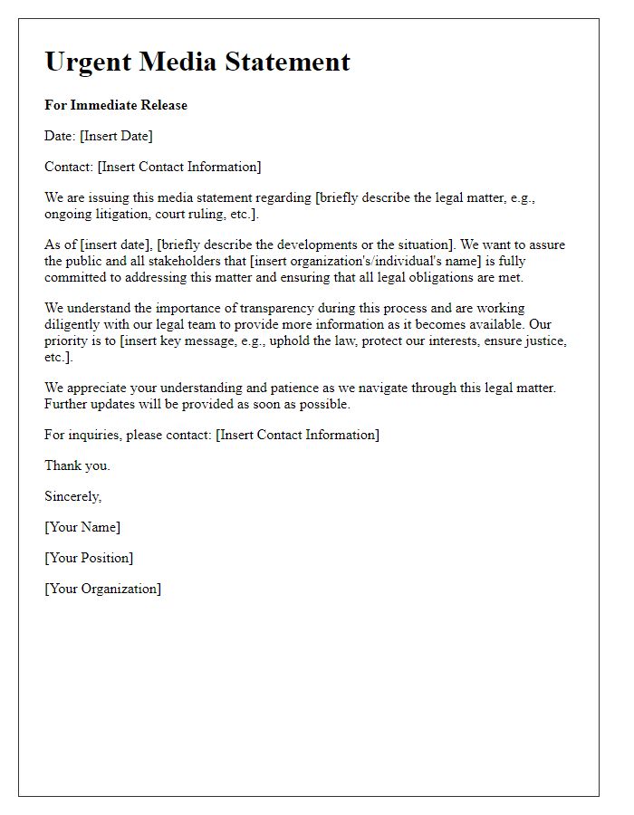 Letter template of urgent media statement for legal matters