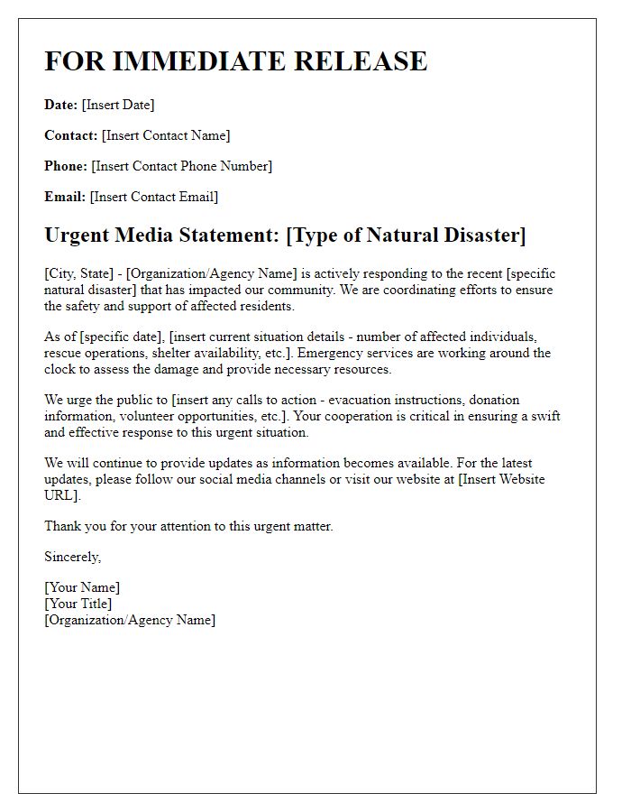 Letter template of urgent media statement for natural disaster response