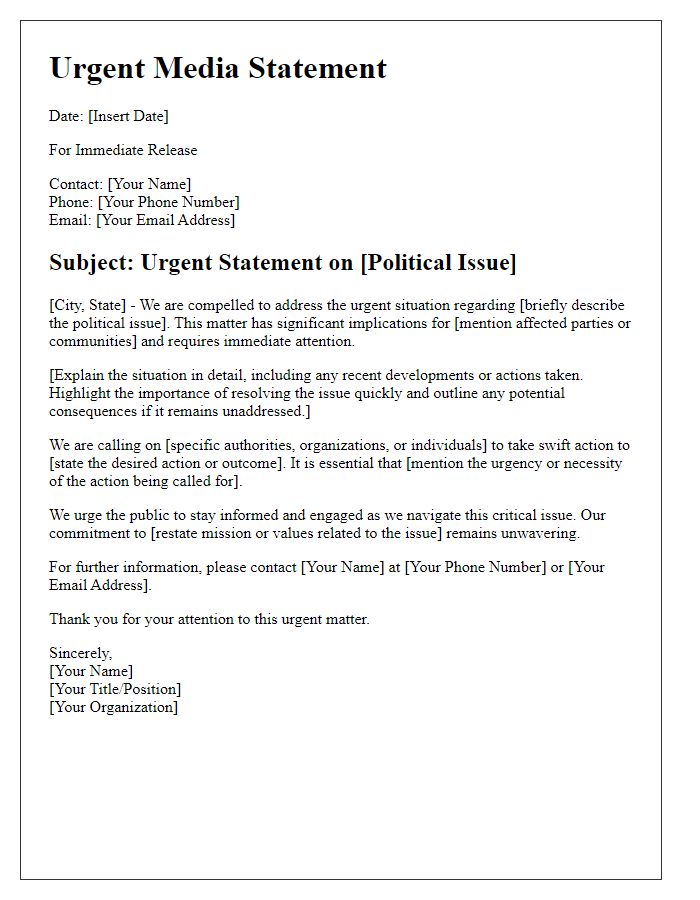 Letter template of urgent media statement for political issue