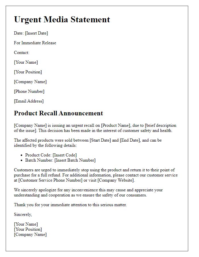 Letter template of urgent media statement for product recall