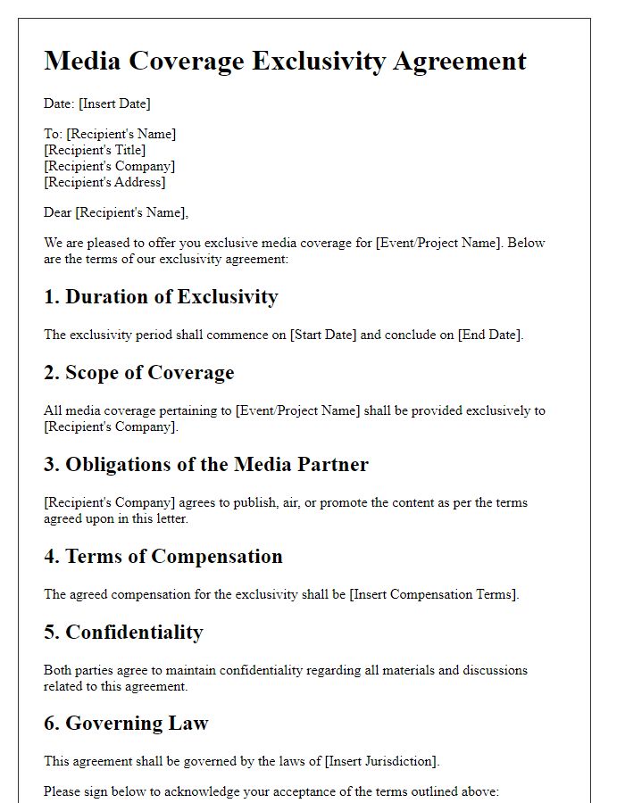 Letter template of media coverage exclusivity terms