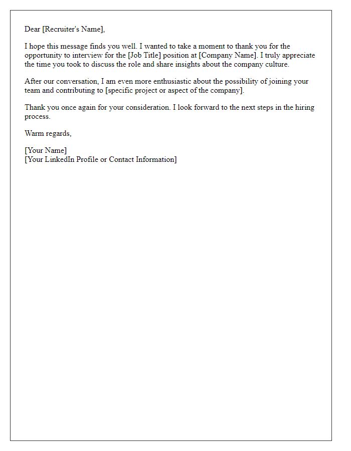 Letter template of follow-up thank you note to recruiter.