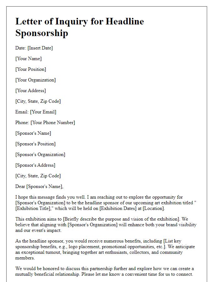 Letter template of headline sponsorship inquiry for an art exhibition