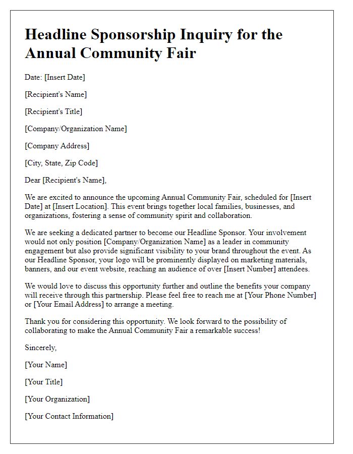 Letter template of headline sponsorship inquiry for a community fair