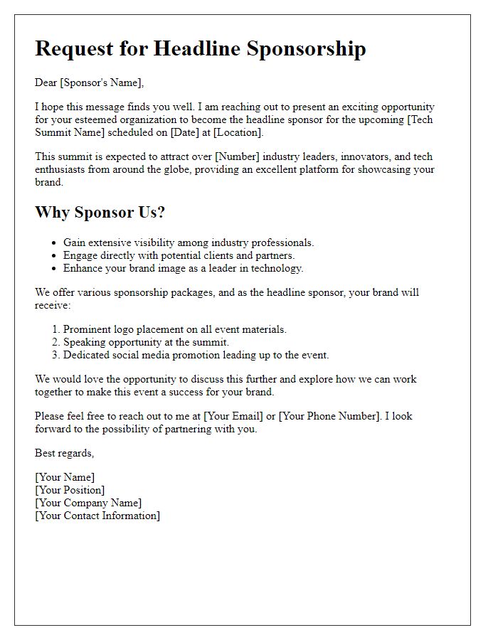 Letter template of headline sponsorship outreach for a tech summit