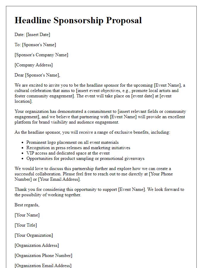 Letter template of headline sponsorship proposal for a cultural event