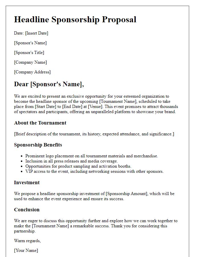 Letter template of headline sponsorship proposal for a sports tournament