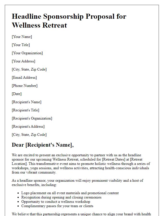 Letter template of headline sponsorship proposal for a wellness retreat