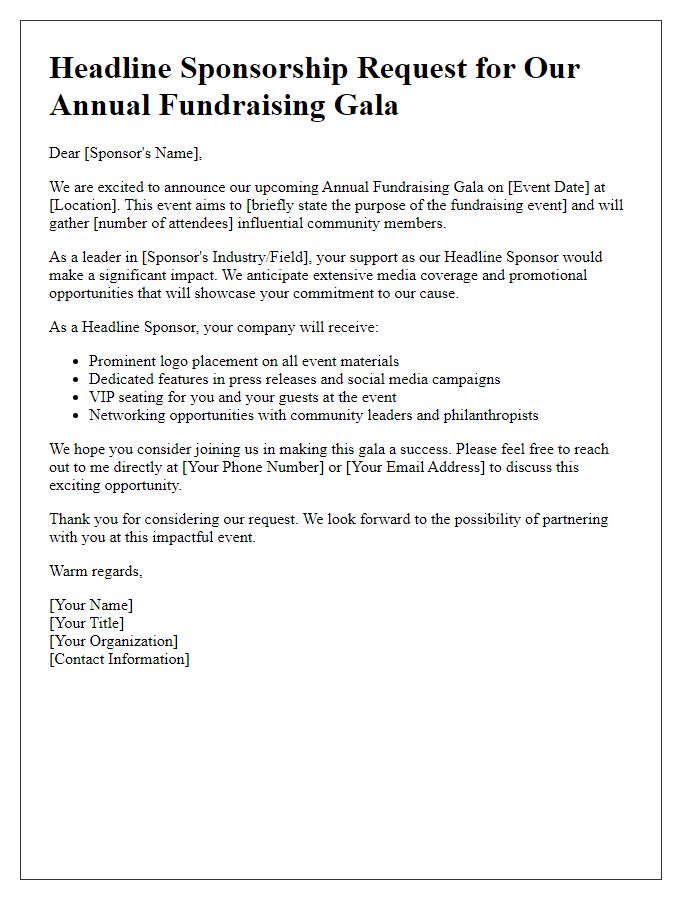 Letter template of headline sponsorship request for a fundraising gala