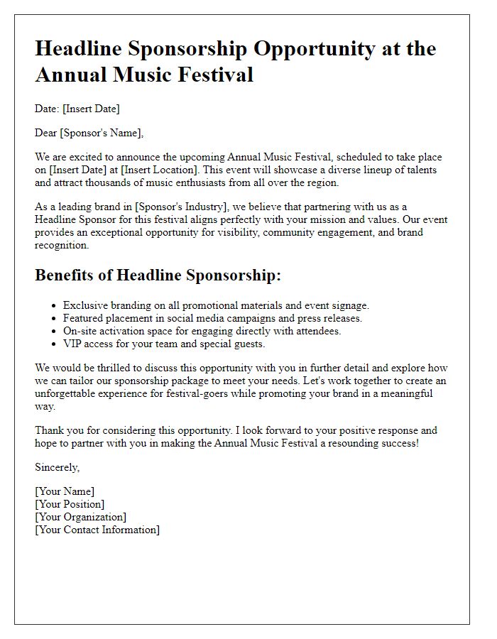 Letter template of headline sponsorship solicitation for a music festival