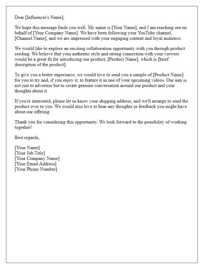 Letter template of product seeding for YouTube channels.